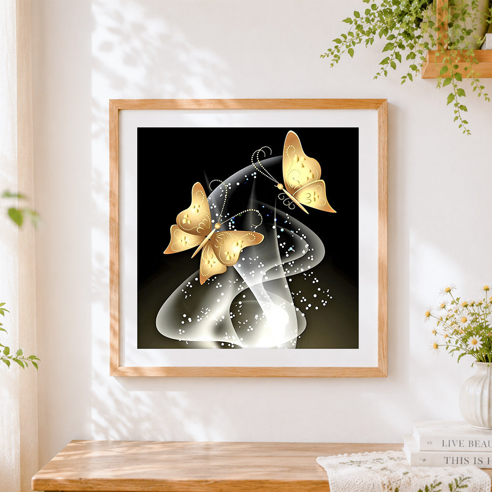Finished golden butterflies with sparkling light paint by numbers artwork displayed as home decor