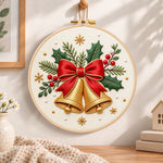 Golden christmas bells embroidery hoop wall art displayed as warm and cosy handmade home decor