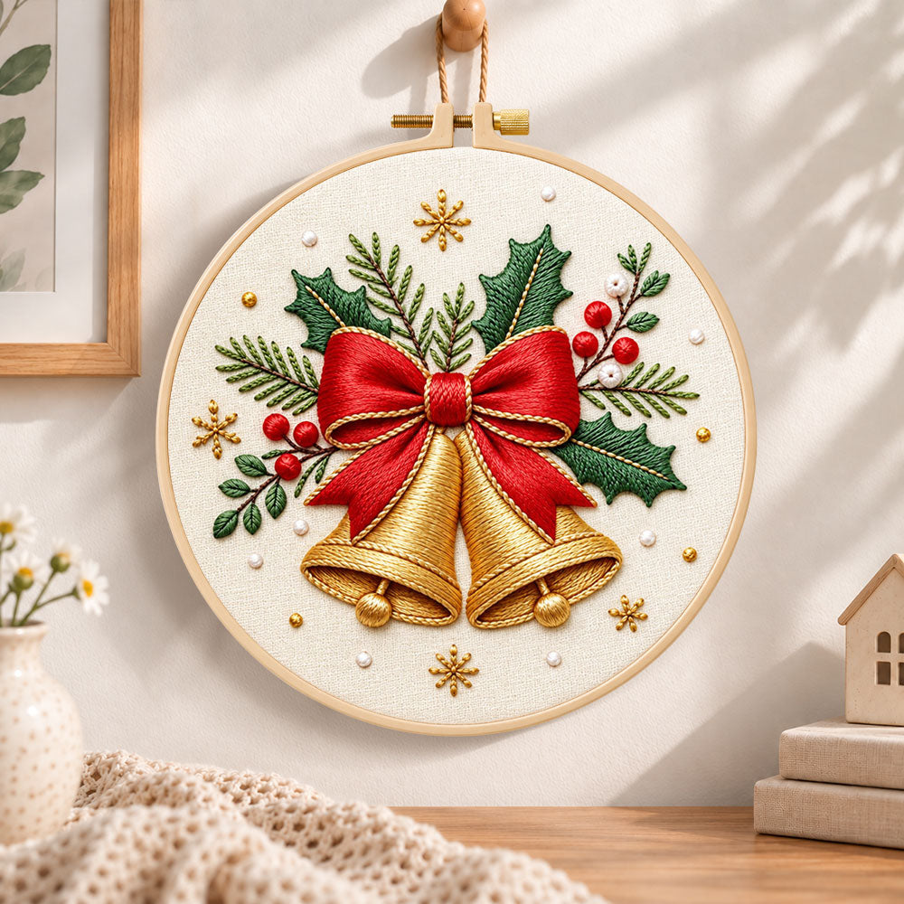 Golden christmas bells embroidery hoop wall art displayed as warm and cosy handmade home decor