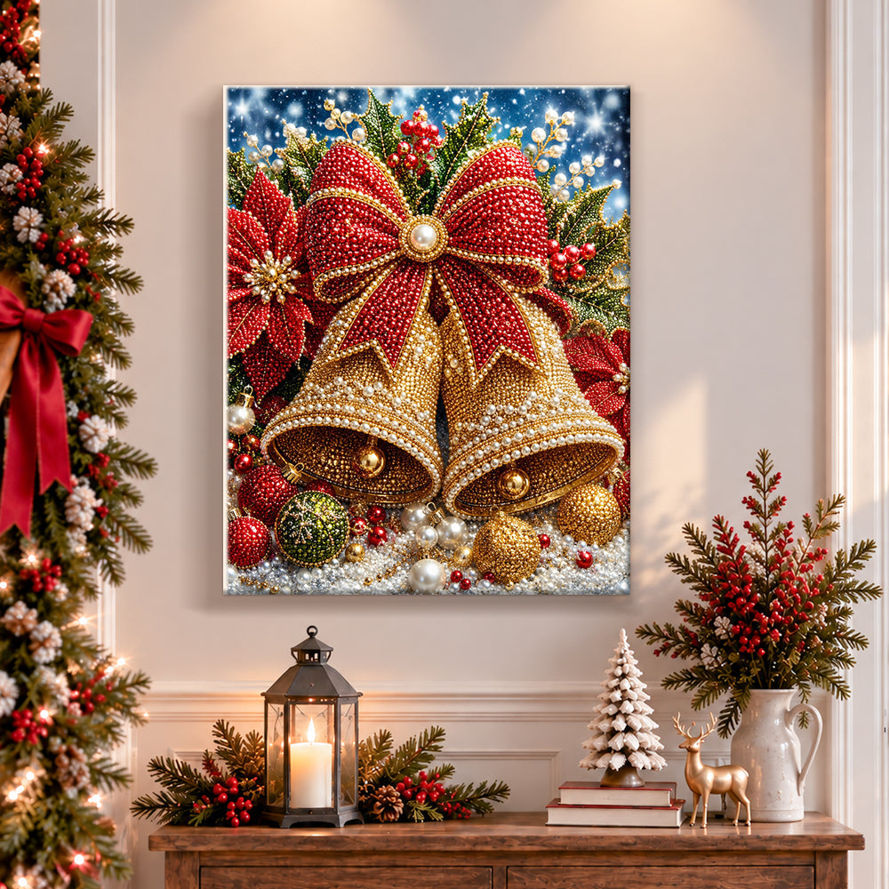 Finished golden christmas bells with bow pearl diamond painting artwork displayed as holiday home decor