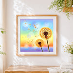 Finished golden dandelions on rainbow background paint by numbers artwork displayed as home decor