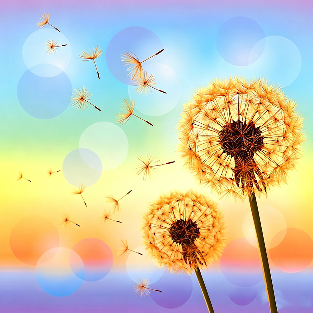 Golden dandelions on rainbow background paint by numbers kit for beginners