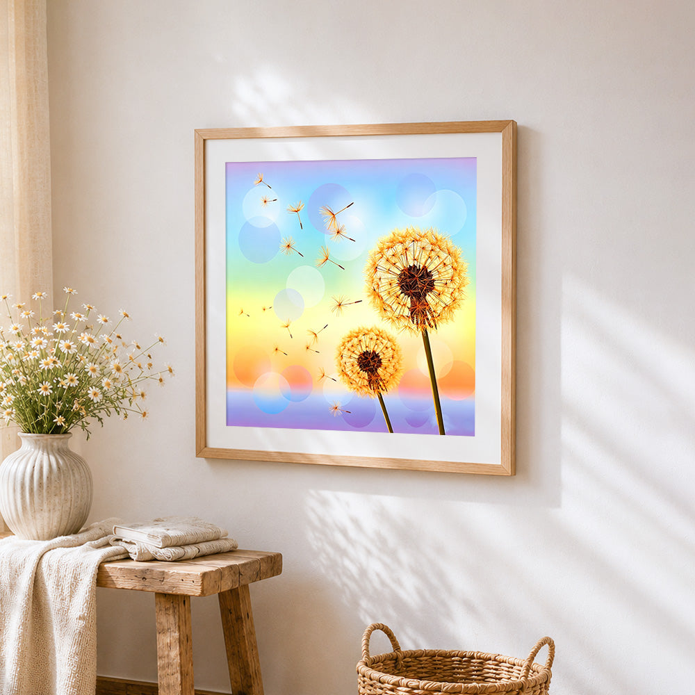 Golden dandelions on rainbow background paint by numbers artwork displayed on wall as home decor