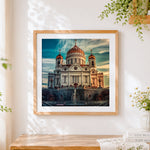 Finished golden domed cathedral cross stitch artwork displayed