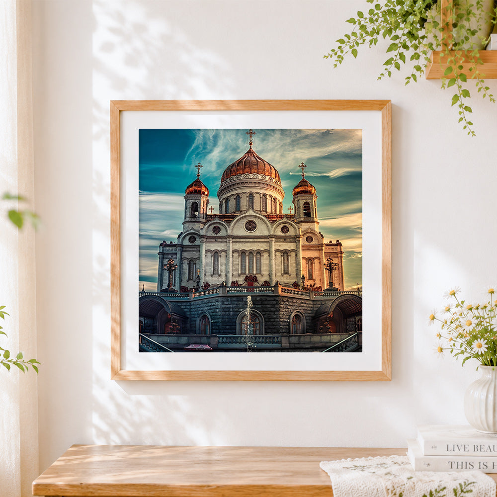 Finished golden domed cathedral cross stitch artwork displayed