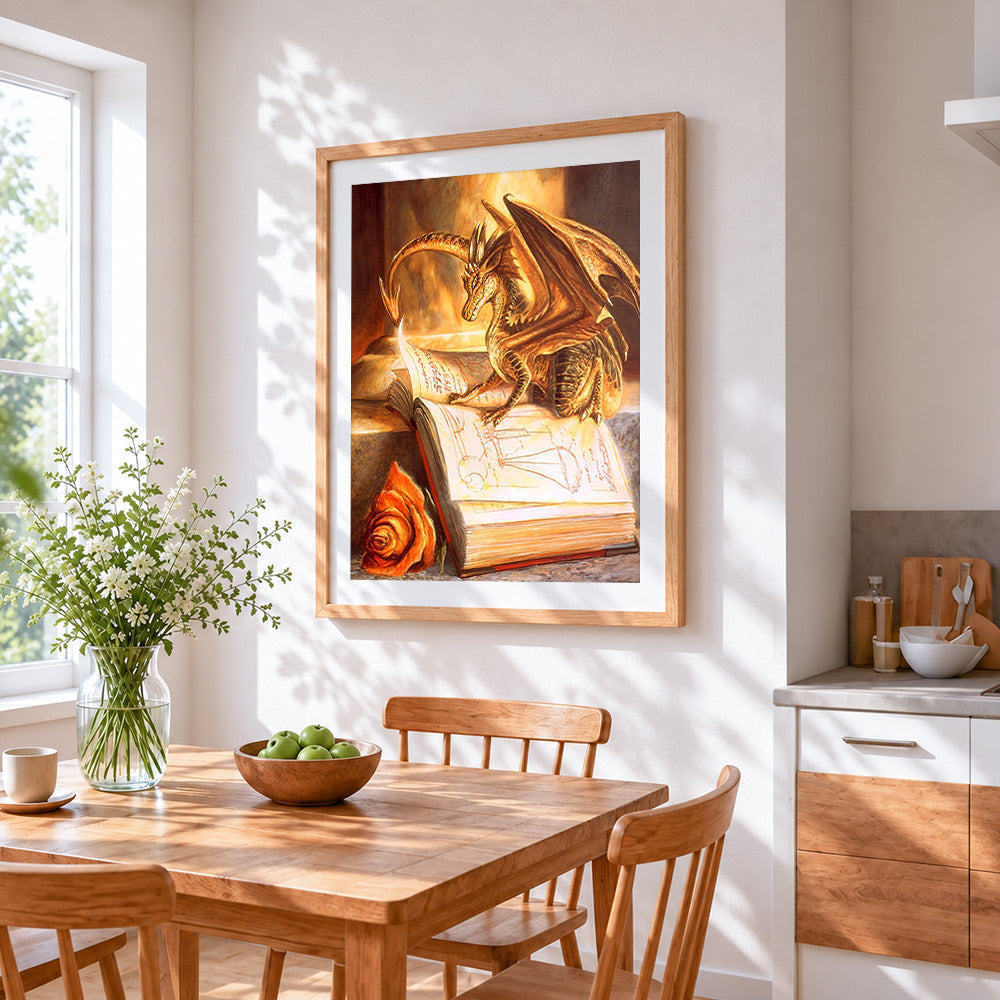 Golden dragon and spellbook cross stitch artwork displayed on wall as home decor