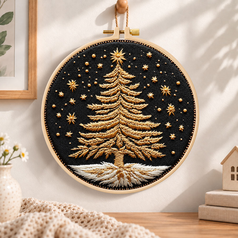 Golden festive tree embroidery hoop wall art displayed as warm and cosy handmade home decor