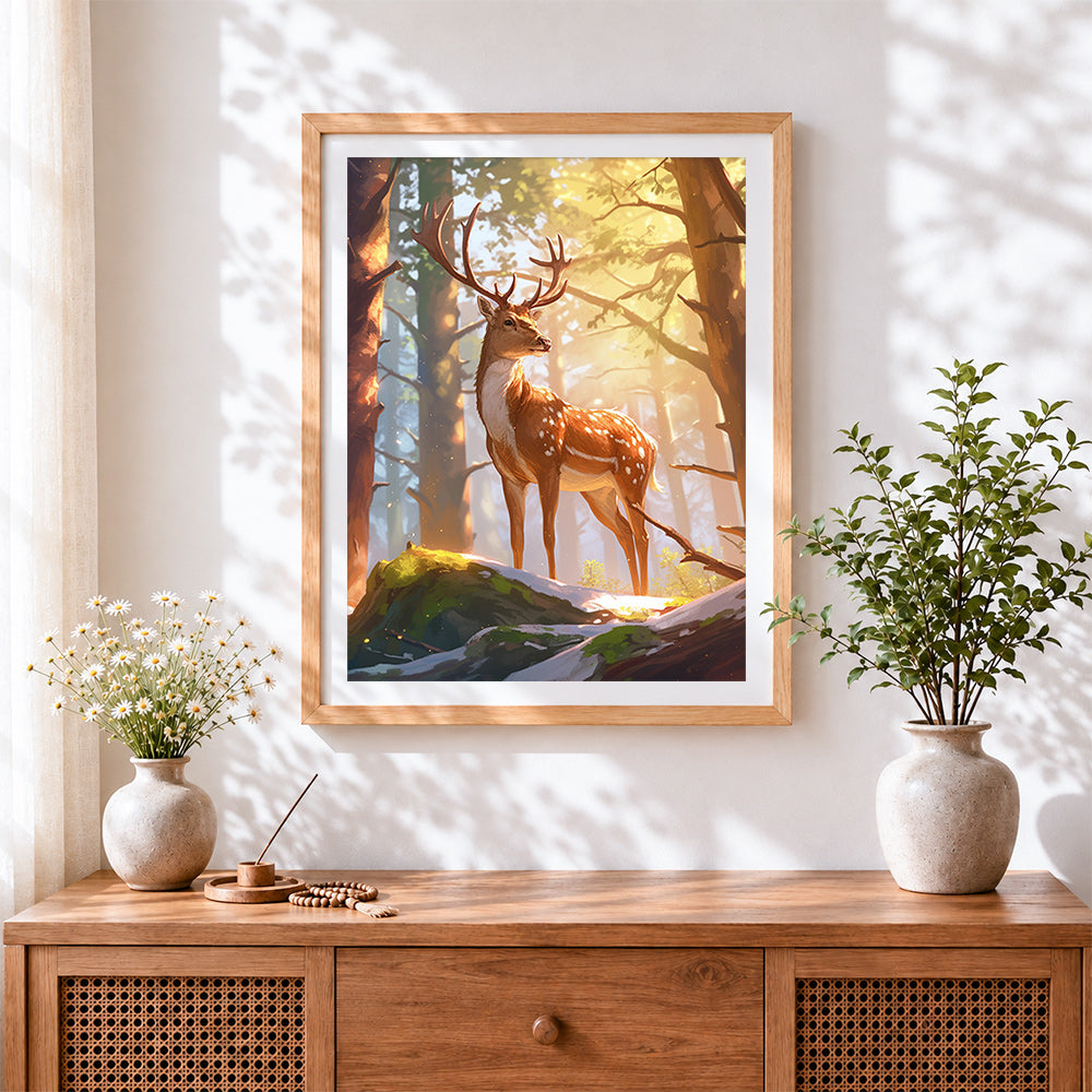 Finished golden forest stag cross stitch artwork displayed