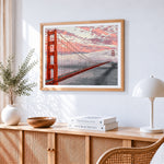 Golden gate bridge cross stitch artwork displayed on wall as home decor