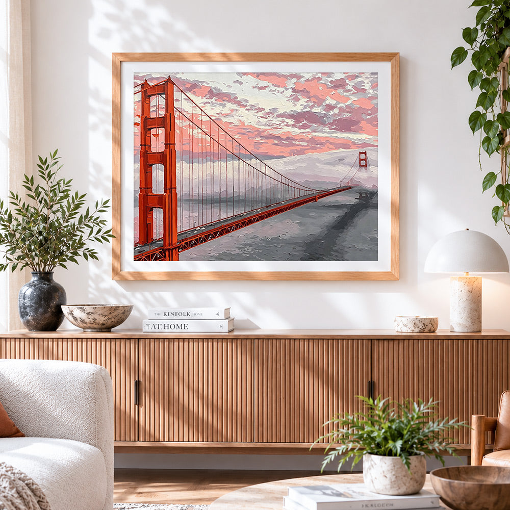 Finished golden gate bridge paint by numbers artwork displayed as home decor