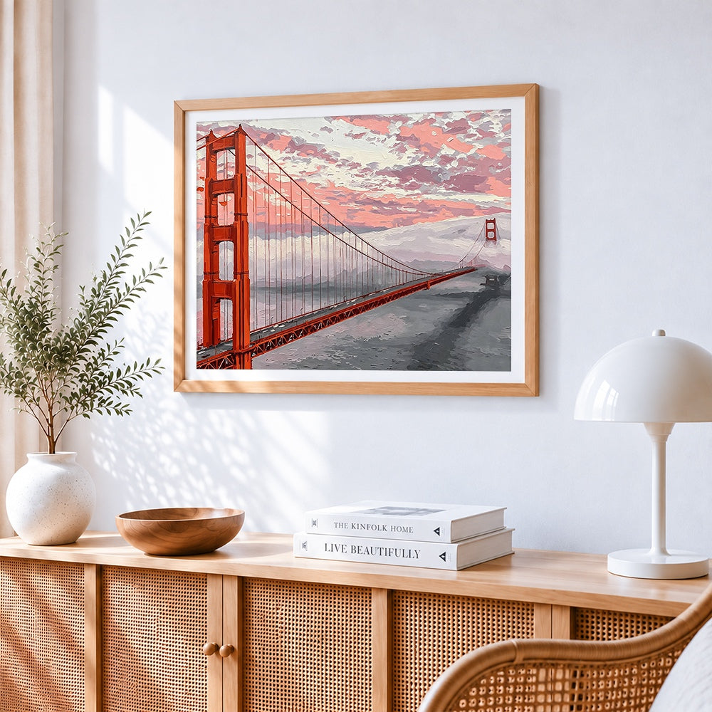 Golden gate bridge paint by numbers artwork displayed on wall as home decor