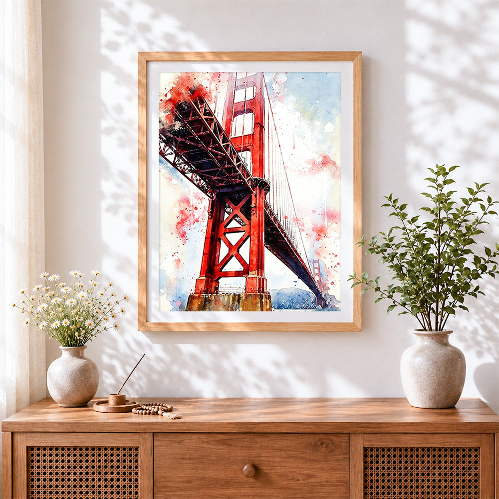 Finished golden gate in watercolour cross stitch artwork displayed