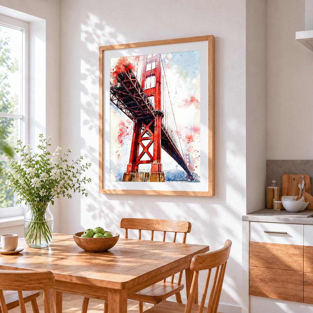 Golden gate in watercolour cross stitch artwork displayed on wall as home decor