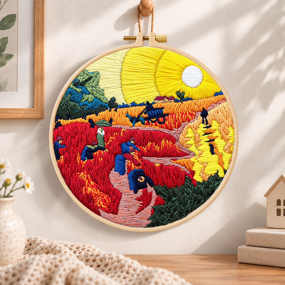Golden harvest field sunset embroidery hoop wall art displayed as warm and cozy handmade home decor