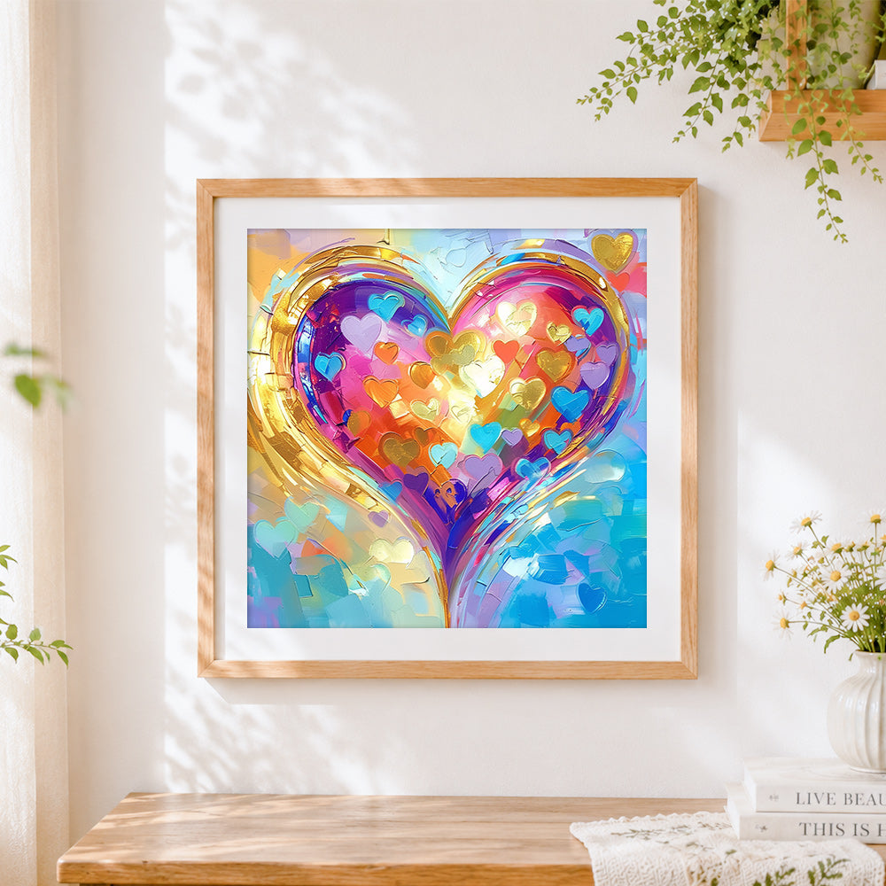 Finished golden heart with colourful collage cross stitch artwork displayed
