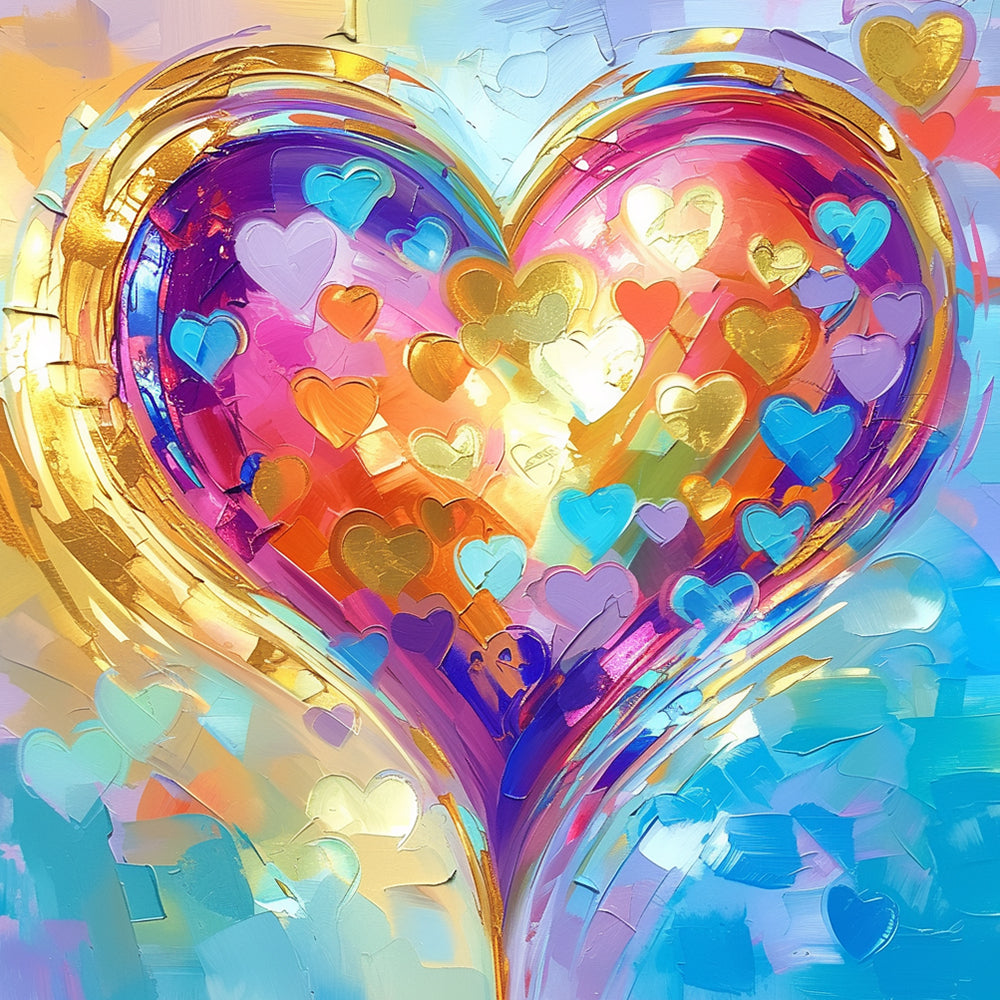Golden heart with colourful collage cross stitch kit for beginners