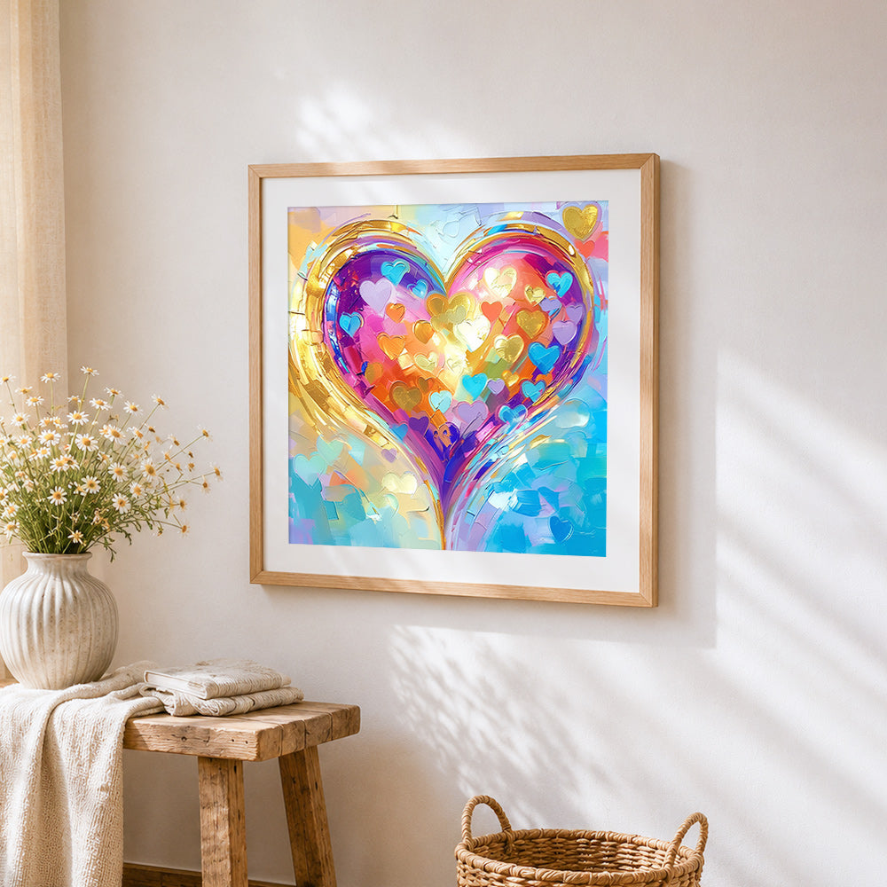 Golden heart with colourful collage cross stitch artwork displayed on wall as home decor