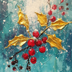 Golden holly leaves and red berries cross stitch kit for beginners
