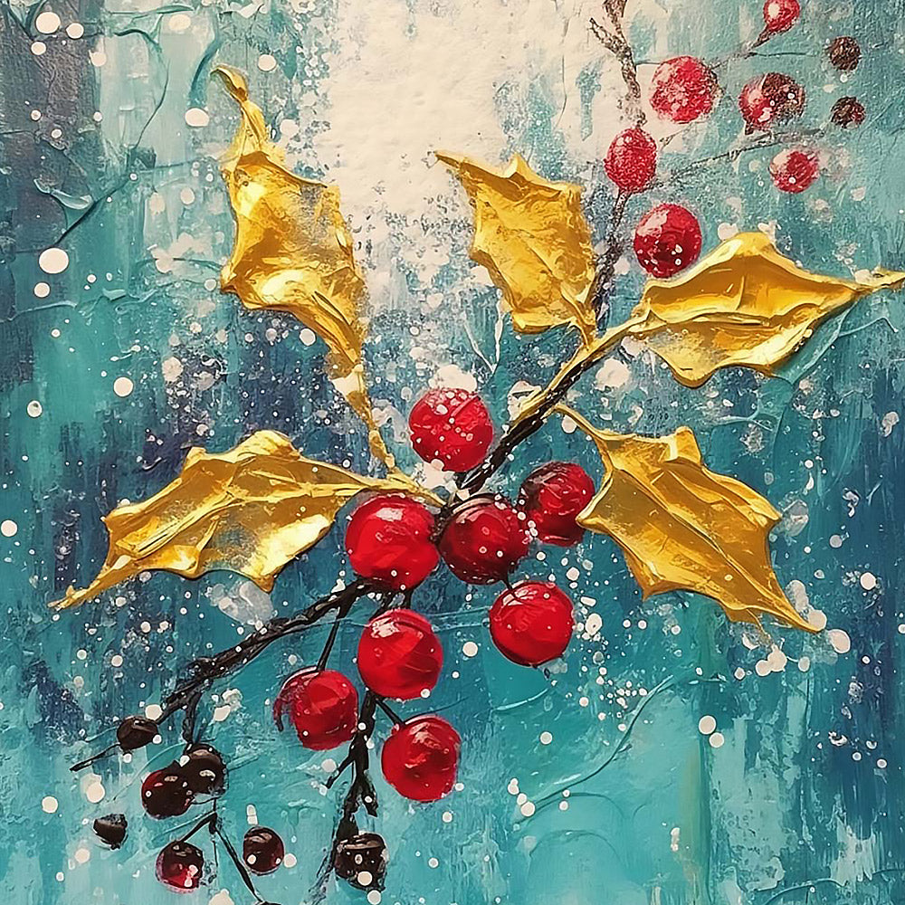 Golden holly leaves and red berries cross stitch kit for beginners