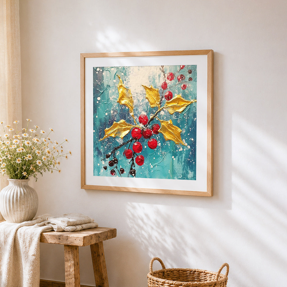 Golden holly leaves and red berries cross stitch artwork displayed on wall as home decor