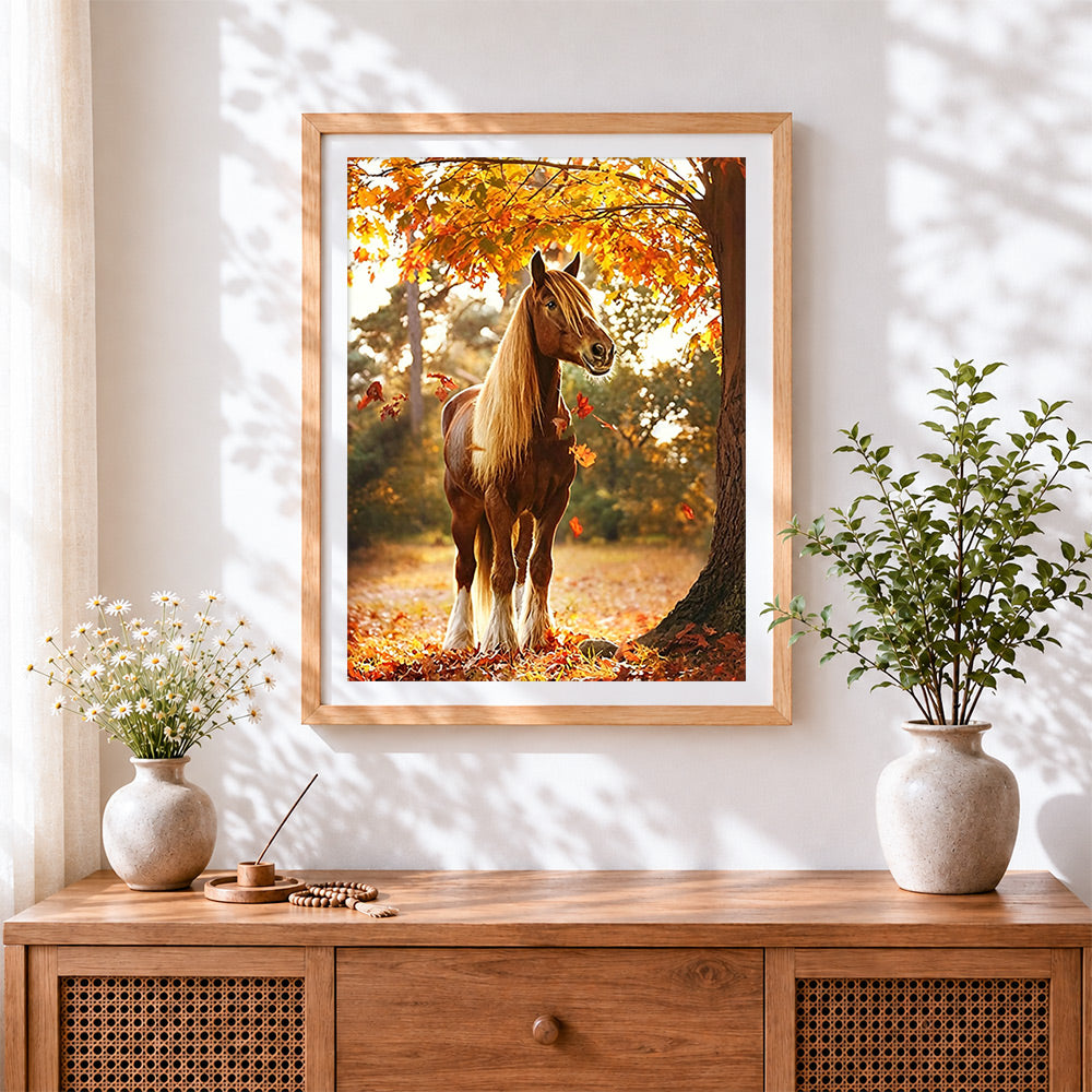 Finished golden horse in autumn sunshine cross stitch artwork displayed