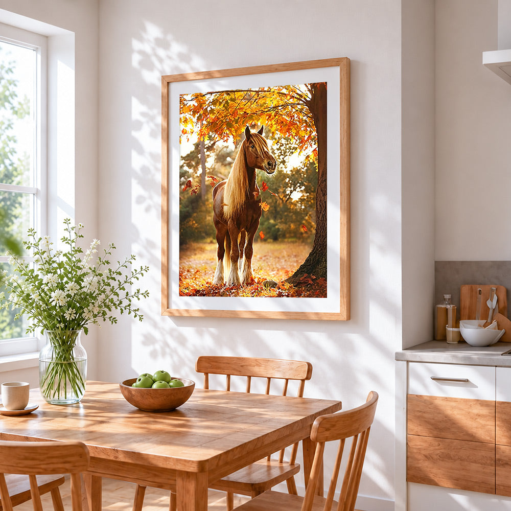 Golden horse in autumn sunshine cross stitch artwork displayed on wall as home decor