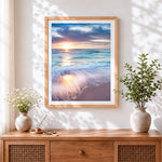 Finished golden hour by the sea cross stitch artwork displayed