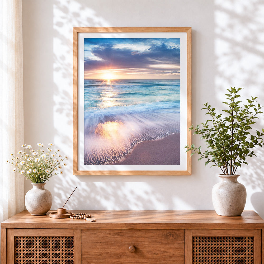 Finished golden hour by the sea cross stitch artwork displayed