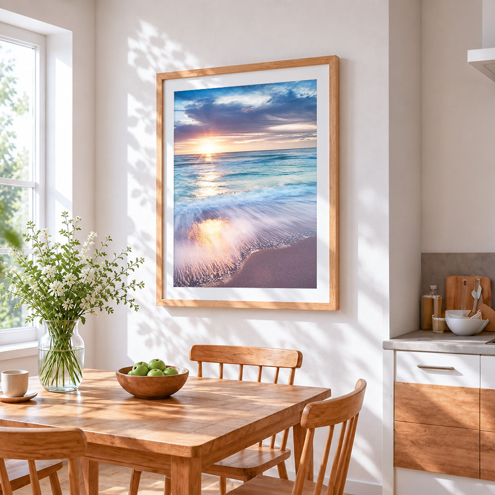 Golden hour by the sea cross stitch artwork displayed on wall as home decor