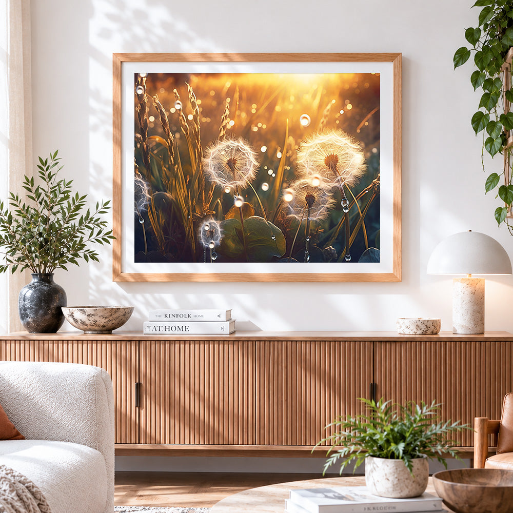 Finished golden hour dandelions and dewdrops paint by numbers artwork displayed as home decor