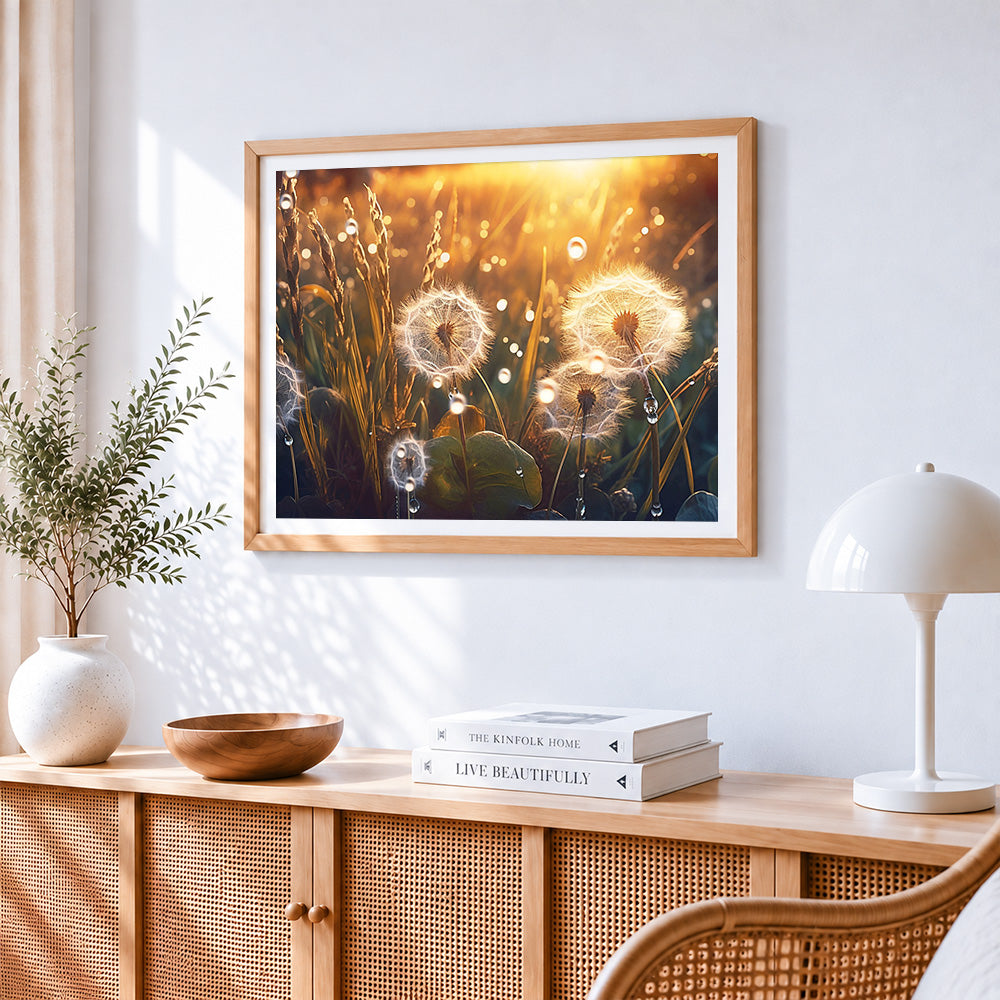 Golden hour dandelions and dewdrops paint by numbers artwork displayed on wall as home decor