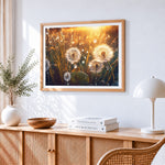 Golden hour dandelions and dewdrops paint by numbers artwork displayed on wall as home decor