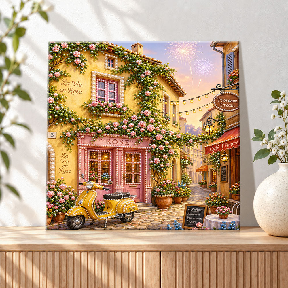 Finished golden hour european alley dream pearl diamond painting artwork displayed as holiday home decor
