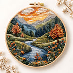 Golden hour mountain river embroidery kit