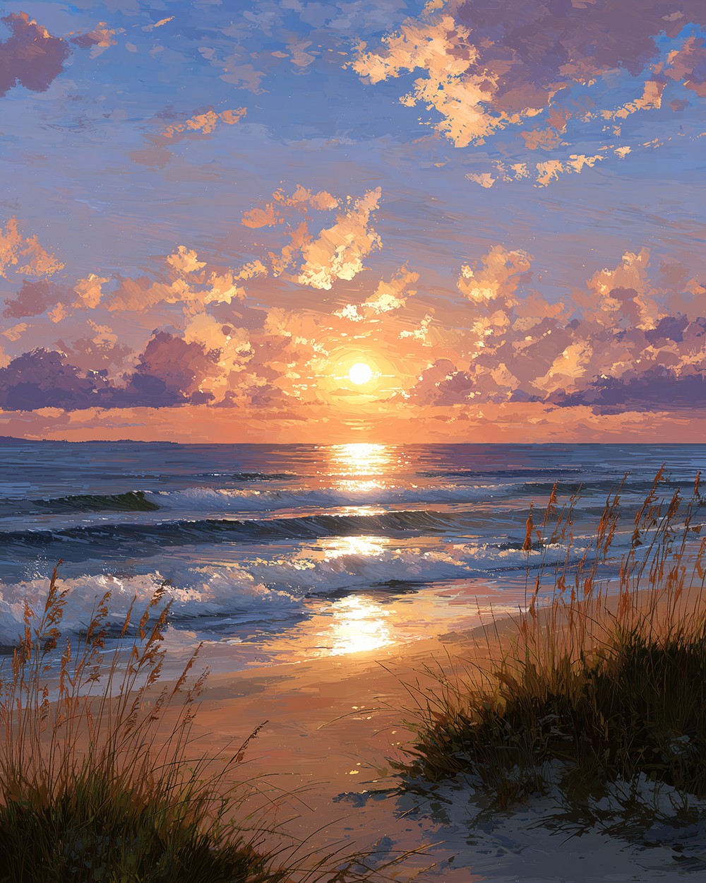 Golden hour ocean waves and dune grass cross stitch kit for beginners