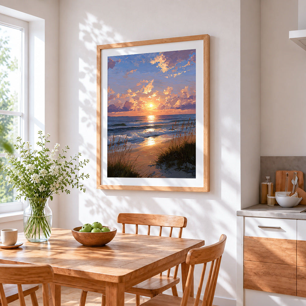 Golden hour ocean waves and dune grass cross stitch artwork displayed on wall as home decor