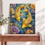 Finished golden koi and blooms pearl diamond painting artwork displayed as home decor