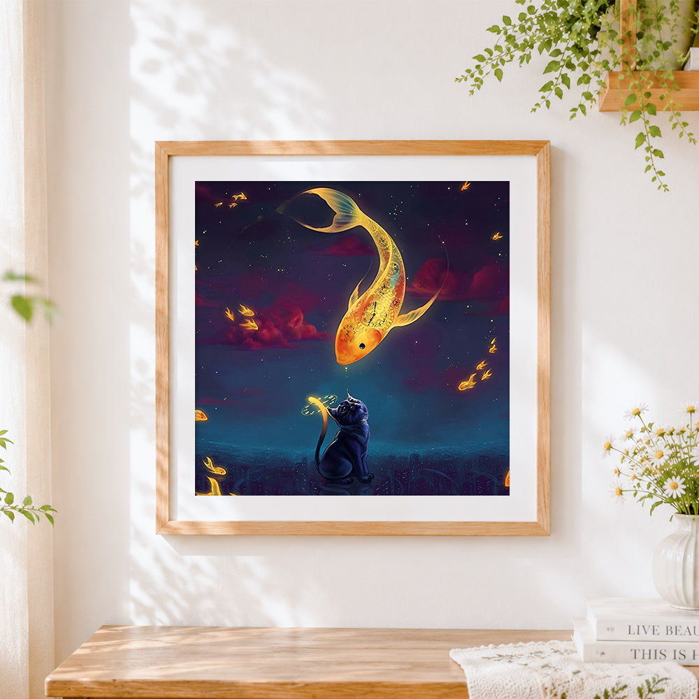 Finished golden koi fish and cat in starry night paint by numbers artwork displayed as home decor