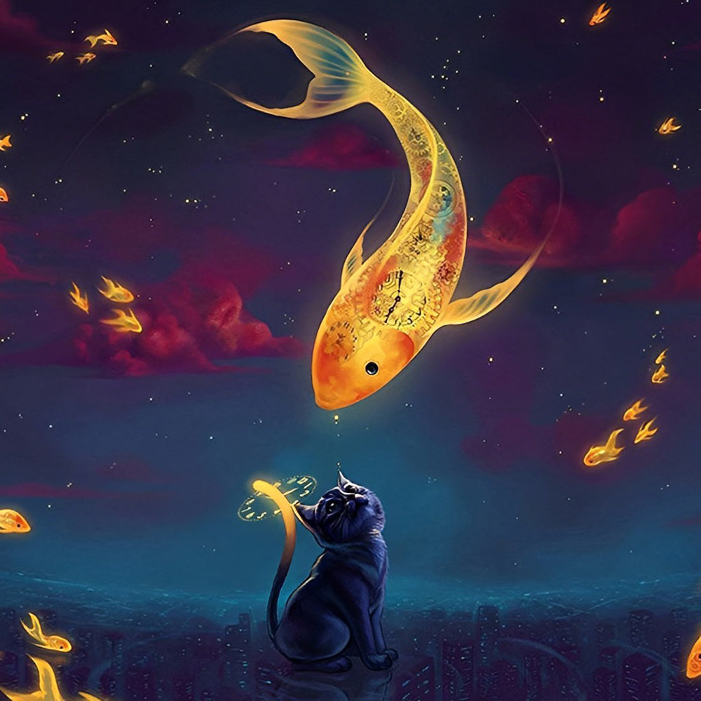 Golden koi fish and cat in starry night paint by numbers kit for beginners