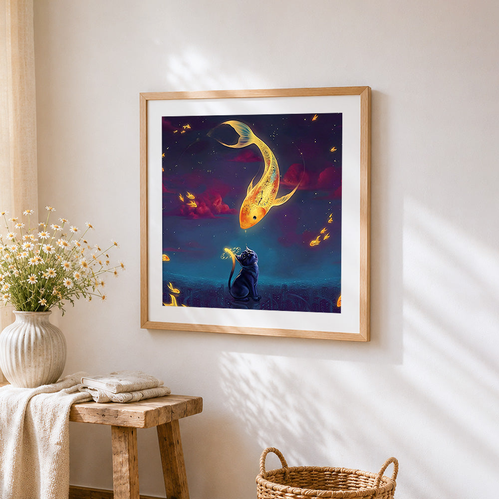 Golden koi fish and cat in starry night paint by numbers artwork displayed on wall as home decor