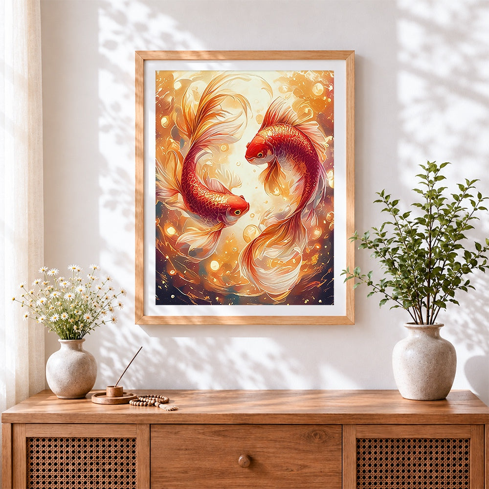 Finished golden koi fish pair cross stitch artwork displayed