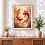 Finished golden koi fish pair cross stitch artwork displayed