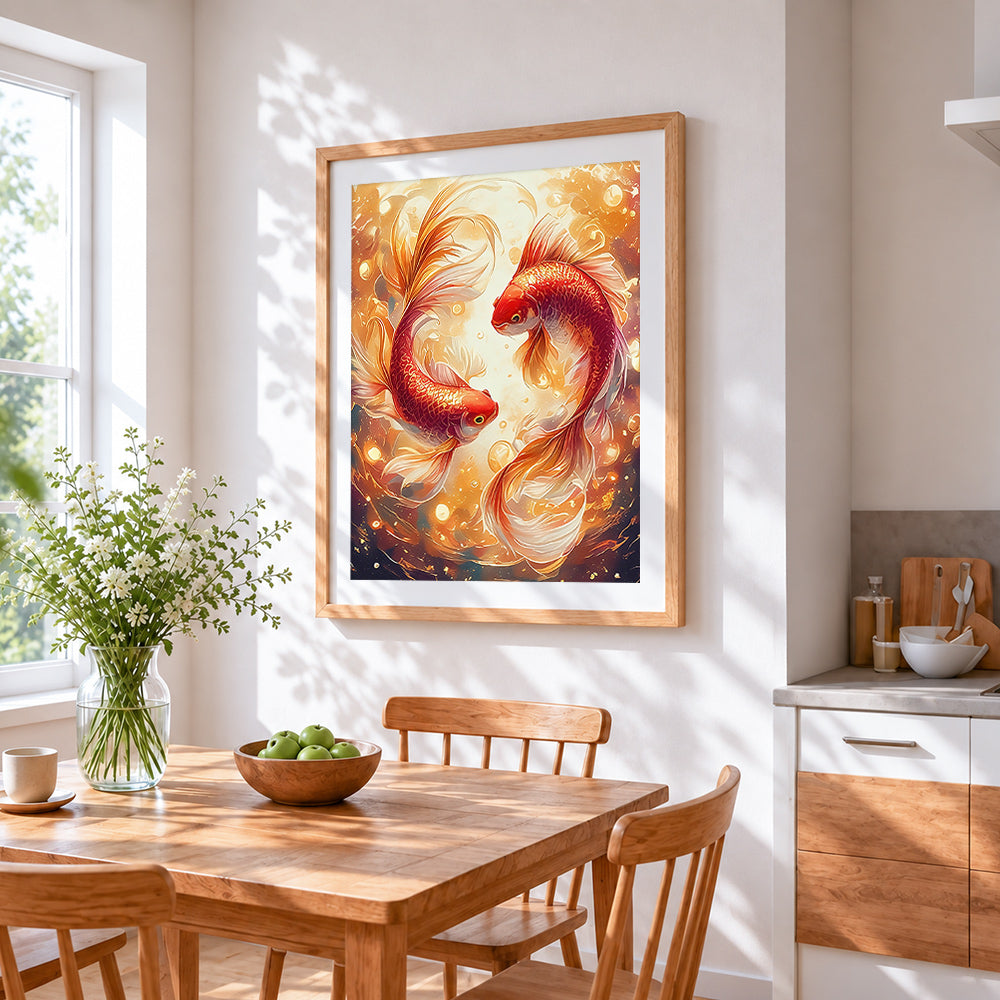 Golden koi fish pair cross stitch artwork displayed on wall as home decor