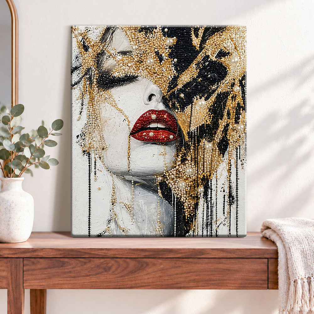 Finished golden lips and pearls pearl diamond painting artwork displayed as home decor