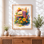 Finished golden mailbox overflowing with flowers cross stitch artwork displayed