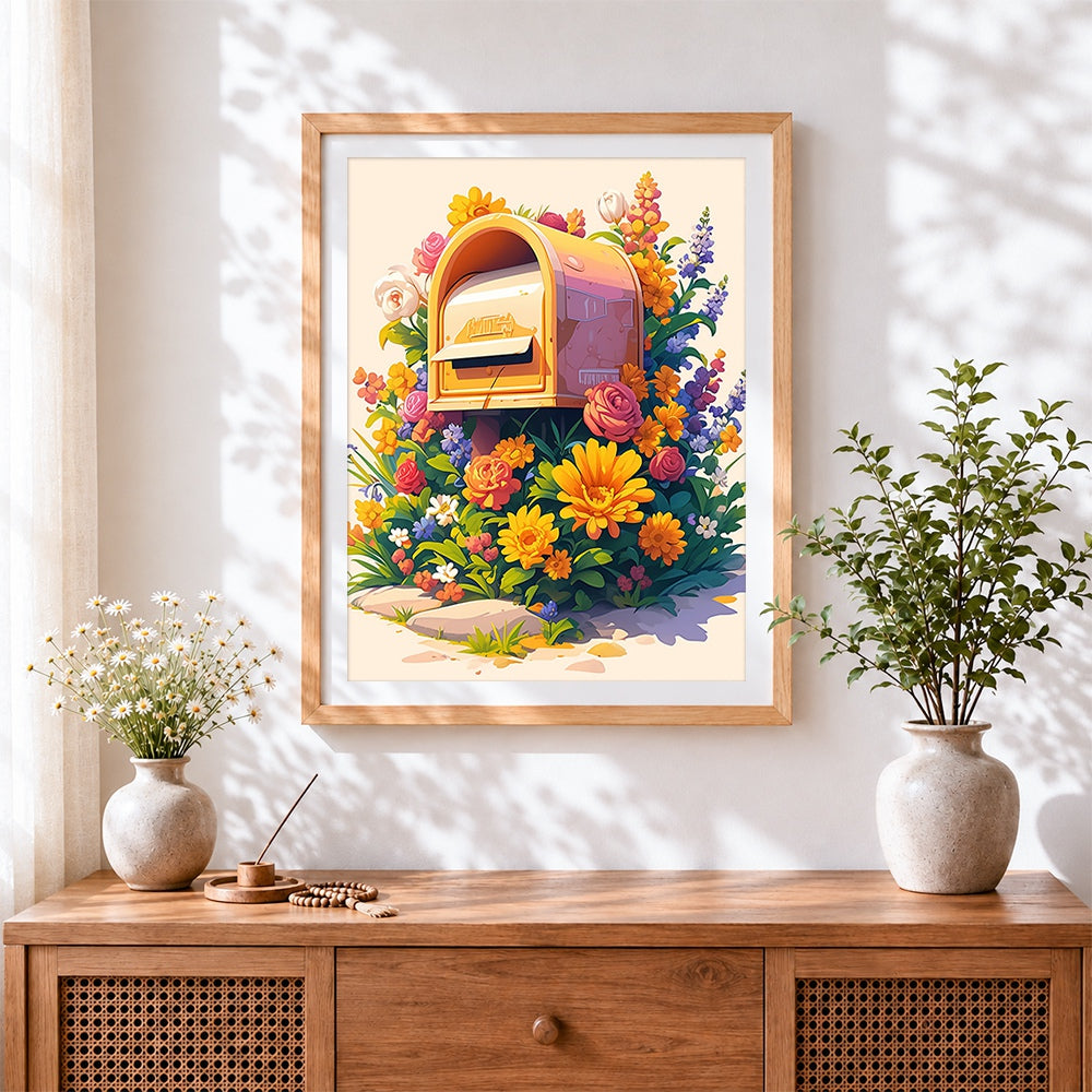 Finished golden mailbox overflowing with flowers cross stitch artwork displayed