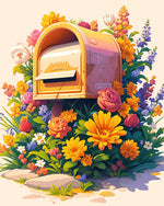 Golden mailbox overflowing with flowers cross stitch kit for beginners