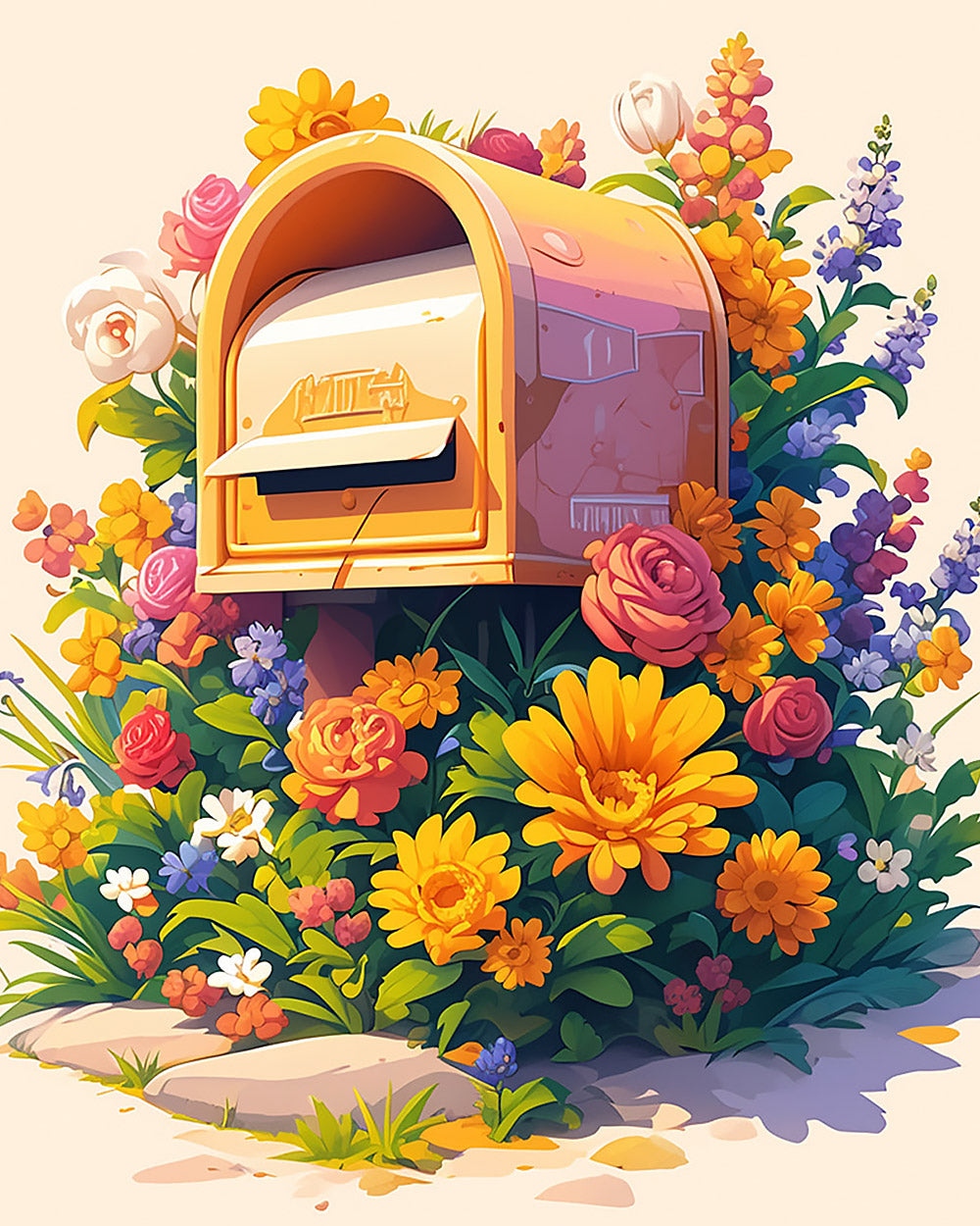 Golden mailbox overflowing with flowers cross stitch kit for beginners