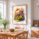 Golden mailbox overflowing with flowers cross stitch artwork displayed on wall as home decor