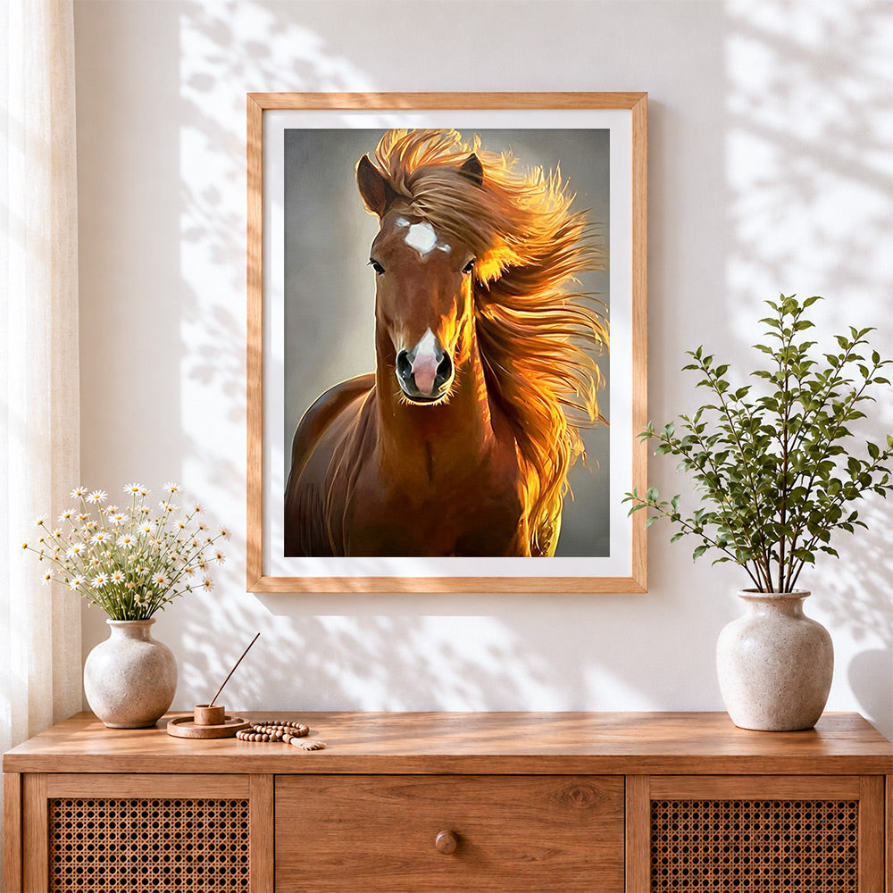 Finished golden mane horse cross stitch artwork displayed